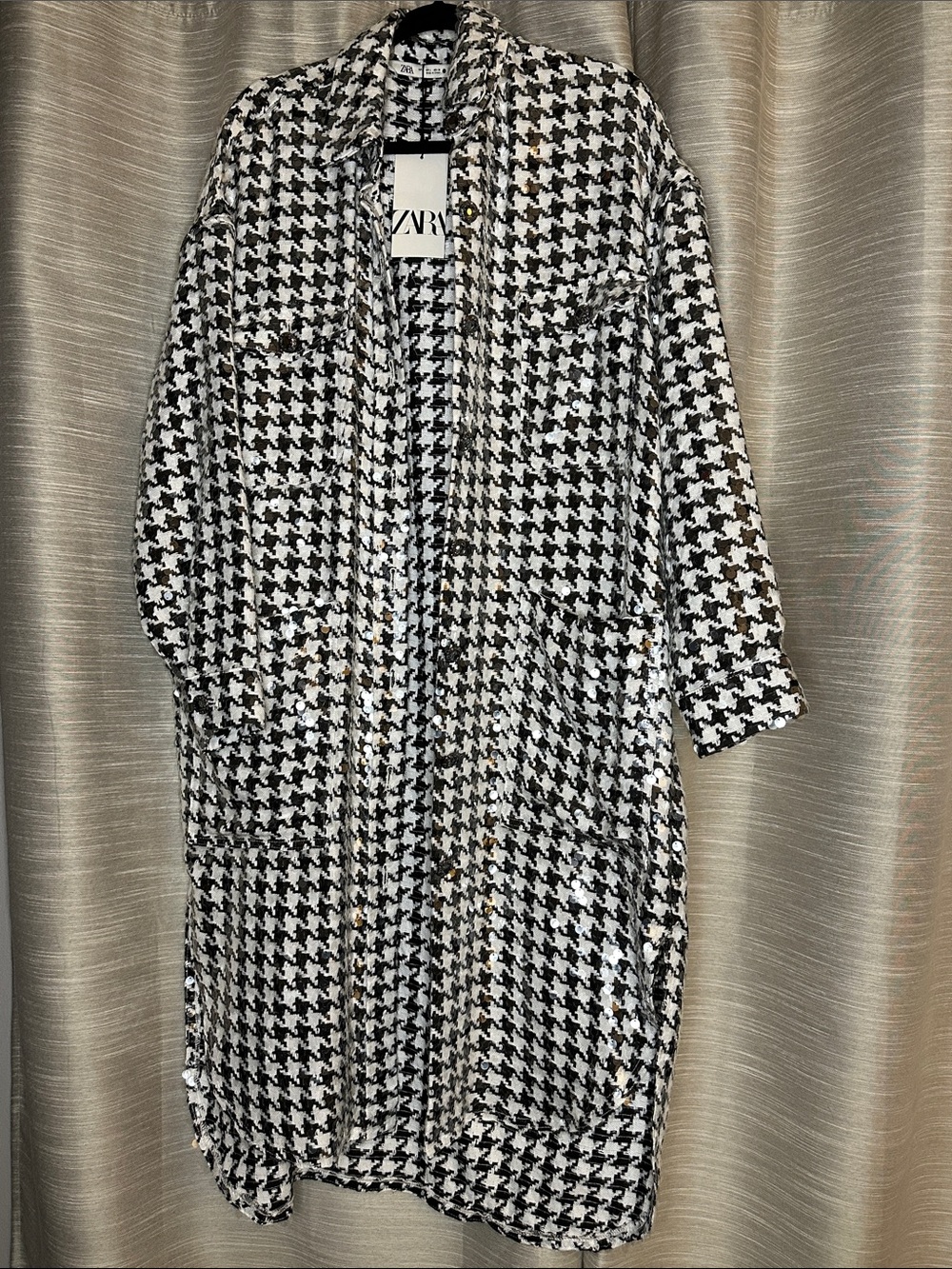 ZARA Black & White Sequined Houndstooth Long Shirt Dress Coat